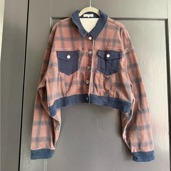 WeWoreWhat Plaid Jean Jacket in Brown and Navy - Picture 2 of 5